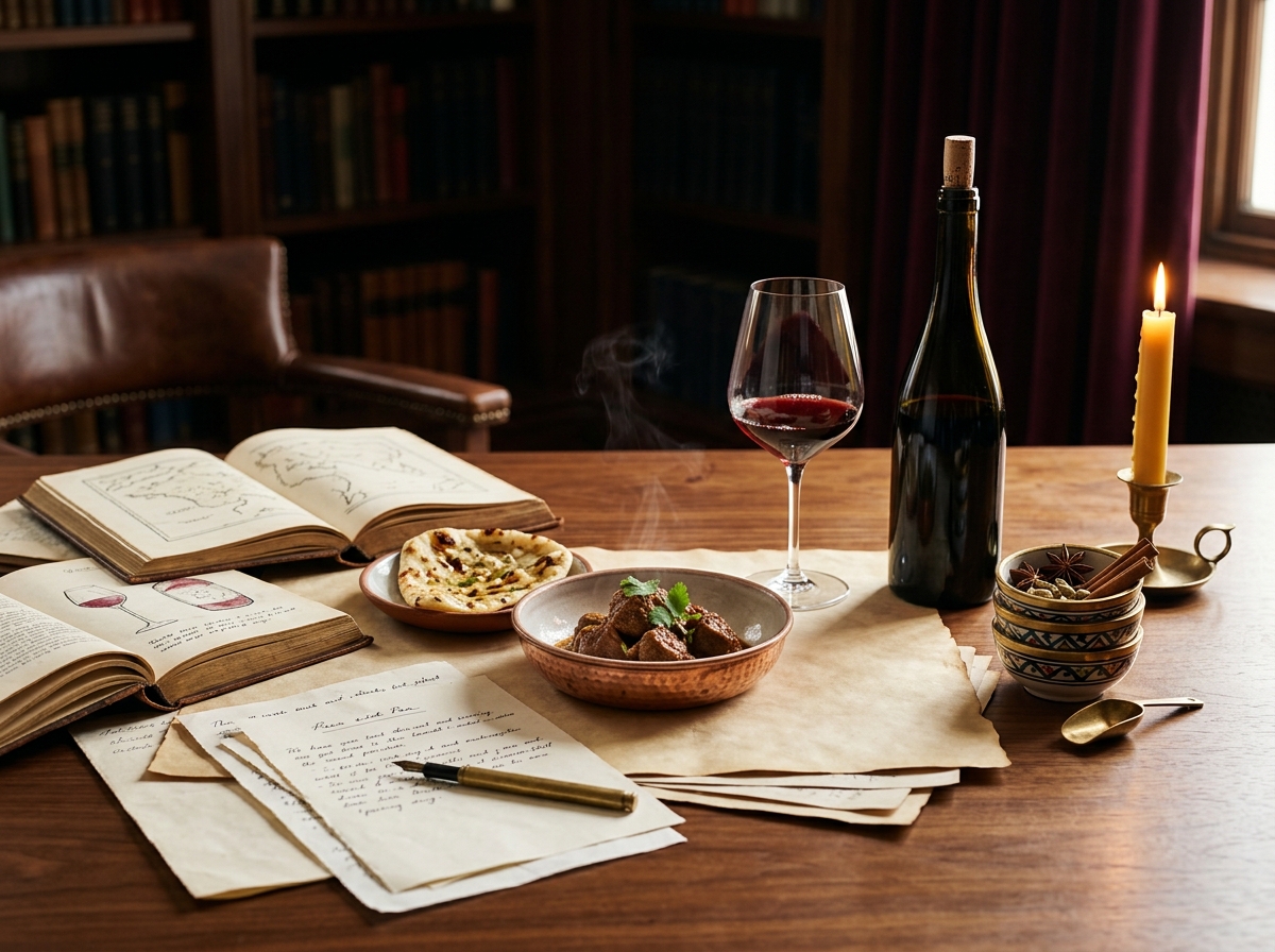Editorial still life of wine bottles and table elements inspired by Indian wine culture.